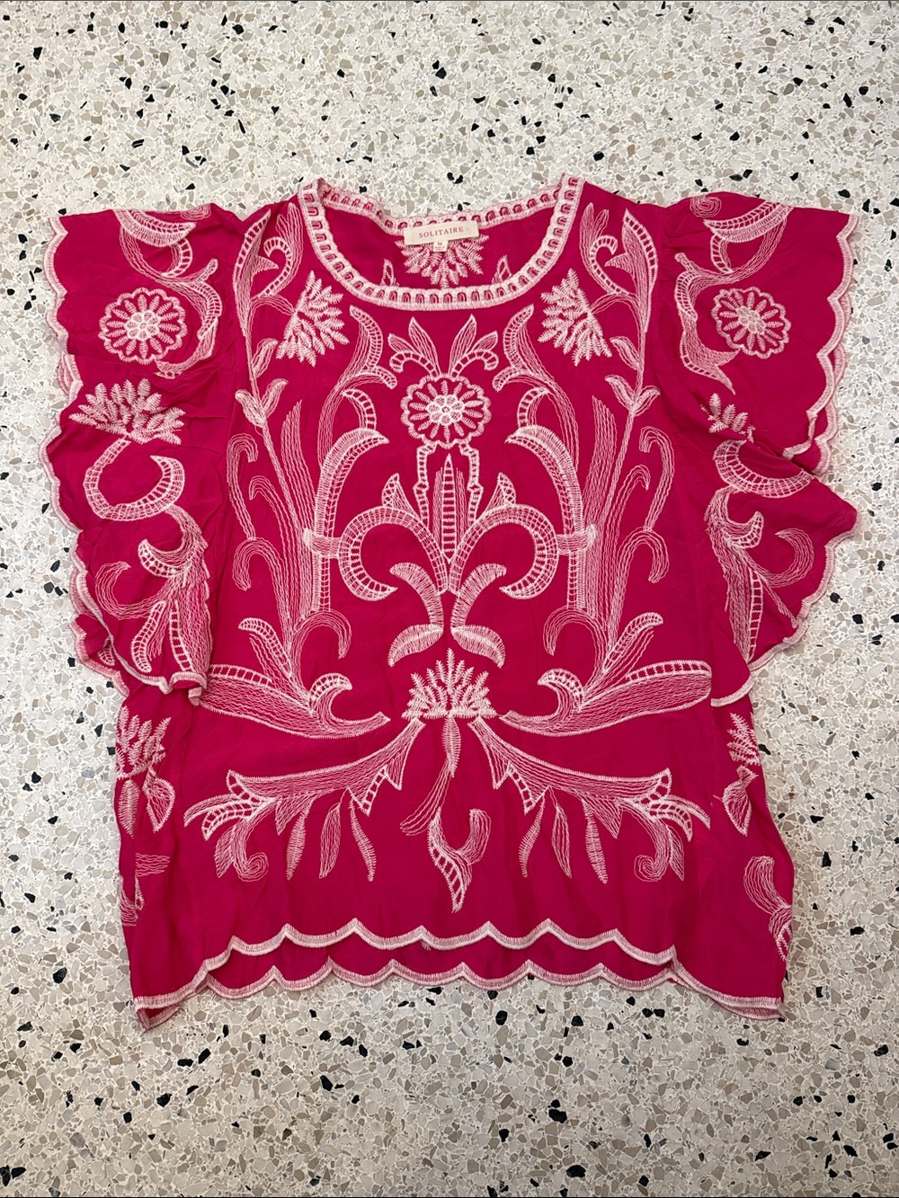 Embroidered Flutter-Sleeve Top in Fuchsia